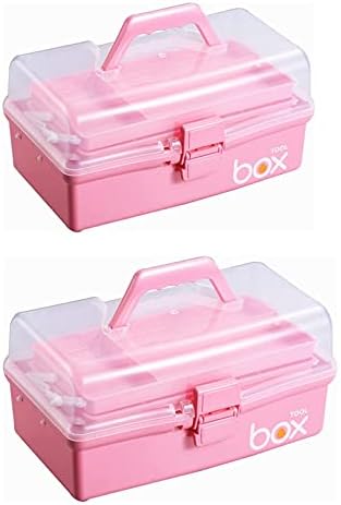 Kinsorcai 2PCS 12'' Three-Layer Clear Plastic Storage Box/Tool Box, Multipurpose Organizer and Portable Handled Storage Case for Art Craft and Cosmetic (Pink)