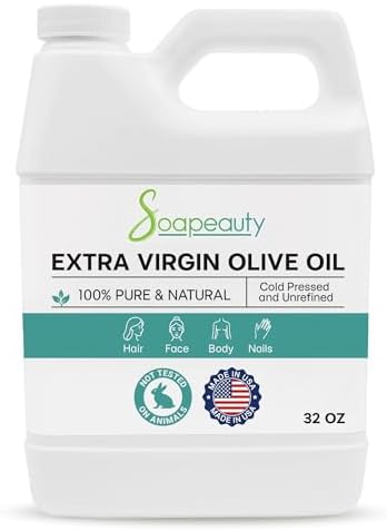 Soapeauty Extra Virgin Olive Oil, 100% Pure Cold Pressed Unrefined Carrier Oil for Skin, Hair, Massage & DIY Soap Making, 32 fl oz