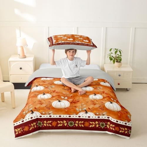 Erosebridal Fall Thanksgiving Duvet Cover Toddler Size Pumpkin Maple Leaves Bedding Set for Kids Boys Girls Warm Harvest Comforter Cover Fall Bedclothes Room Decor