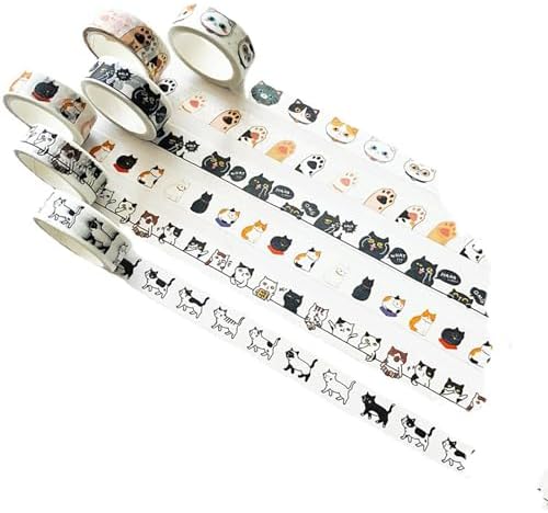 OUDEKE Cute Cartoon Cat Tapes 6Rolls 0.59'' x 16.4ft Washi Tapes for Scrapbooking DIY Journals Decorations, Reusable Washi Cats Tapes for Notebooks Phone Case Decorations