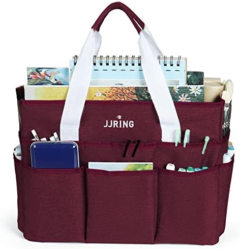 JJRING Craft Organizer Tote Bag Large Art Storage Caddy Dark Red | With Multiple Pockets For Sewing, Scrapbooking, School, Medical, And Office Supplies