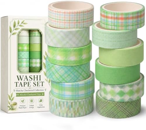 12 Rolls Washi Tape Set, Fresh Matcha Green Decorative Tape,Assorted Styles