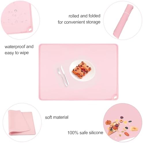 Pink Toddler Placemat-Non Slip Placemat for Girl Baby, Portable Food Mat Reusable Placemats for Travel and High Chairs Silicone Table Mat with Raised Edges-Easy to Clean(1Pack 19.7" x 15.7")