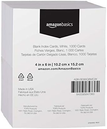 Amazon Basics Blank Index Cards for Studying and Note Taking, White, 4" x 6", 1000 Count (Pack of 2)