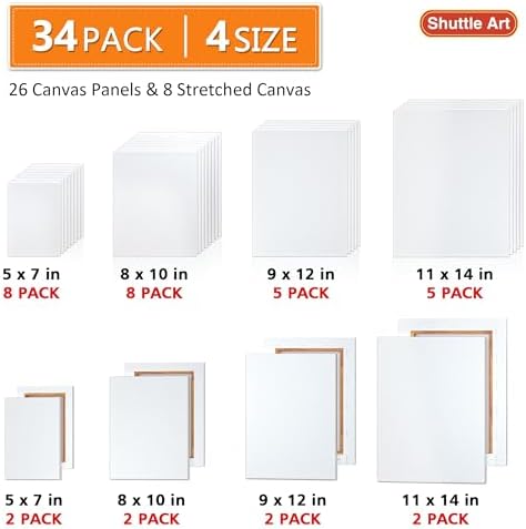 Shuttle 34-Pack Art Canvas for Painting, Multi-Size Stretched Canvas & Canvas Panels, 5x7/8x10/9x12/11x14 Inch 100% Cotton, Primed Blank Canvases, Ideal Art Supplies for Acrylic Oil Painting