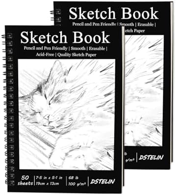 DSTELIN 2 Pack Spiral Bound Sketchbooks (100 GSM Sketch Paper), 50 Sheets per Pack, 7.5" x 5.1" Sketchbook with Black Hard Cover for Painting, Drawing and Sketching