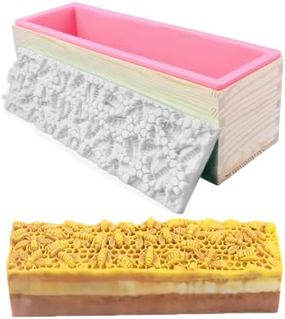 Loaf Soap Making Kit, 44oz Silicone Soap Making Liner Wood Box with Beehive & Hexagon & Rose Mat Creative Honeycomb Mat Mold for DIY Soap Making (Purple & Pink) (Pink Mold-Rose)