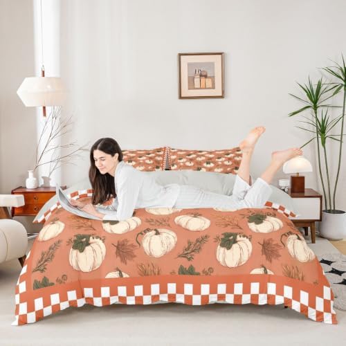 Erosebridal Fall Pumpkin Duvet Cover King Size Autumn Leaf Bedding Set for Adults Teens Women Orange Thanksgiving Comforter Cover Harvest Bedclothes Room Decor