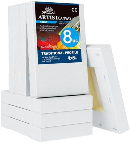 PHOENIX 4x6 Inch 8 Pack Artist Canvas - Small Stretched Canvases for Painting - 3/4 Inch Profile, 100% Cotton 11 Oz. Gesso Primed White Blank Professional Canvas Oil & Acrylic Paints