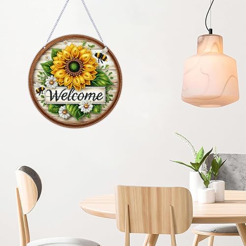 ARPADAMO Hanging Diamonds Art kit for Adult,DIY Sunflower Bee Pendant Diamonds Painting Art Kit, 7.0x7.0 inch Acrylic Diamonds Painting Board Kit Ornament, Special Crystal Diamond Hanging Ornament