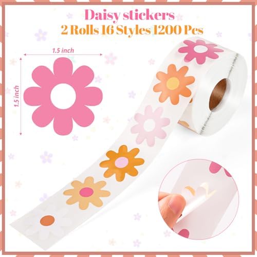 1200 PCS Boho Daisy Stickers Roll, 16 Styles Flower Stickers Roll