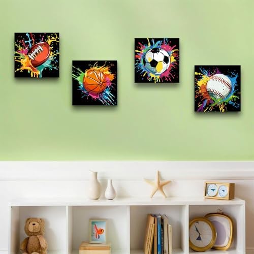 bleihum 4 Pack Paint by Numbers Kit for Kids with Frame Wooden Easel 8x8In | Easy Paint by Number Kids Sports, DIY Acrylic Oil Football Painting by Numbers for Home Wall Decor