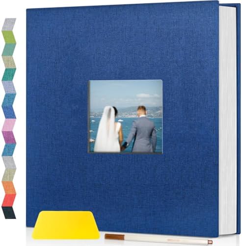Popotop Photo Album Self Adhesive with Picture Display Window,60 Pages DIY Scrapbooking Supplies Kit for 4x6 10x12 Picture,Linen Cover Memory Book for Baby Wedding, with Scraper and Metallic Pen