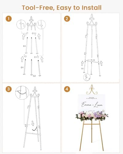 53.9" Gold Easel Stand for Sign, Heavy Duty Metal Display Easel with Storage Bag, Adjustable Art Easel for Wedding Sign, Welcome Sign, Picture