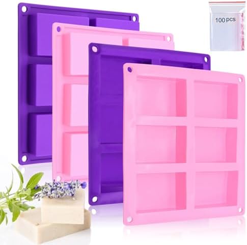 Bangp 4 Pack Silicone Soap Molds with 100pcs 3.5x5 inches Bags | Rectangle Soap Molds for Soap Making,6 Cavity Silicone Molds for Craft Soap,Chocolate,Jelly,Cake and Ice Cubes(Purple & Pink)
