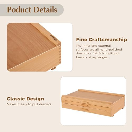 VISWIN Upgraded 3-Drawer Wood Artist Supply Storage Box with Removable Dividers, Premium Beech Wood Art Storage Box, Portable Organizer Box for Paints, Pastels, Pencils, Brushes and Art Supplies