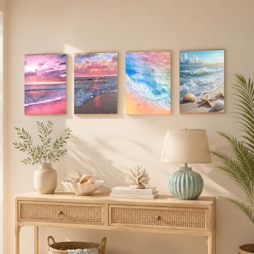 4 Pack Beach Sunset 5D diamond painting for adults Kits, Full Drill Coastal 5D diamond art kits for adults, Scenic Ocean gem art kits for adults, art painting Set Home Wall Decor 11.8x15.7 Inch