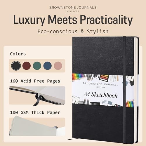 BROWNSTONE JOURNALS A4 Sketch Book Hardcover - 80 Sheets 100 GSM Paper | 8.5" x 11.5", Lay Flat, Vegan Leather Hardcover, Elastic Band, Back Pocket, Art Drawing Book for Adults & Students