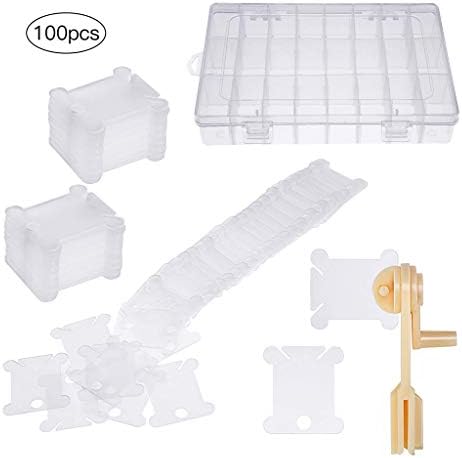 Embroidery Floss Organizer Box Tools with 100 Pcs Plastic Floss Bobbins 1 Bobbin Winder 1 Removable 24 Compartments Cross Stitch Embroidery Thread Storage Box for Craft DIY Sewing Storage Jewelry