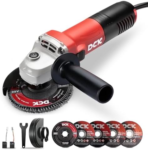 DCK Angle Grinder, 4-1/2-Inch, 6.7Amp Cut off Tool Grinder, 11,800 RPM with 2 Safety Guards, 6-Piece Discs (2 Cutting/2 Grinding/2 Flap Discs), Professional Angle Grinder for Metal, Wood (KSM09-115S）