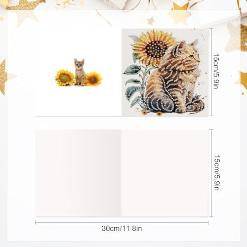 AiYuanzsh 6-Pack 5D Diamond Painting Greeting Cards with Envelopes, Cat Sunflower Pattern DIY Crystal Rhinestone Diamond Art Cards, Laser Effect Postcards for Birthday, Thank You, and Gift Giving