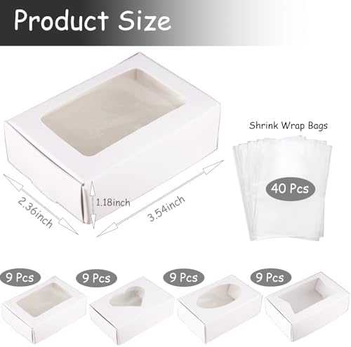 36Pcs White Kraft Soap Boxes with Window & 40pcs Shrink Bags, 3.54 x 2.36 x 1.18 Inch, Perfect for Homemade Soap & Gifts