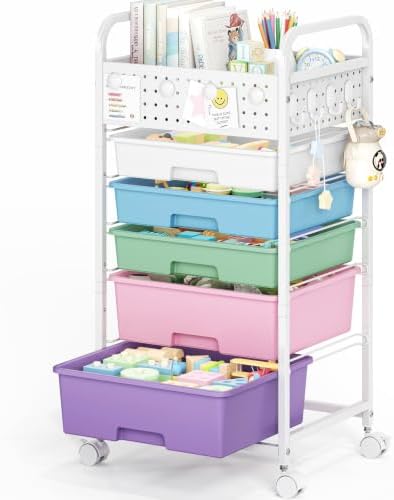 5 Drawer Rolling Storage Cart with Pegboard Top and Hooks, Ice Cream