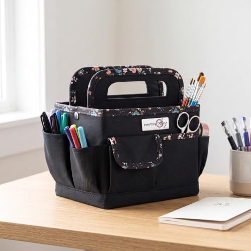 Everything Mary Craft Caddy, Black & Floral - Art Storage for Supplies & Crafts - Supply Organizers Tote for School Classroom, Office, and Home - Organization for Makeup & Nurses