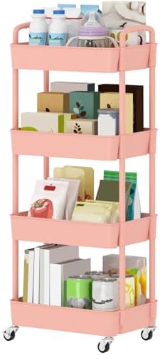 Sywhitta 4-Tier Plastic Rolling Utility Cart with Wheels for Storage, Pink