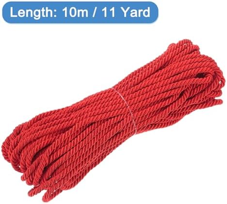 MECCANIXITY Twisted Cord Trim, 11 Yard 5mm 3-Ply Twine Braided Rope Shiny Thread String for Craft Gift Bag Curtain Christmas Decor, Red - 10m