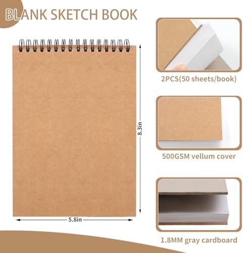 Utron 2 Pack Sketch Book, 5.8” x 8.3” Small Sketch Pad,100GSM/68LB Sketchbook for Drawing, A5 Drawing Paper, Thick Small Drawing Notebook for Painting Beginner, Artist (50 Sheets/Pack)