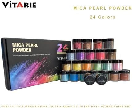 VITARIE Mica Powder for Lip Gloss, Skin, Nails, Soap Making, Bath Bombs, Epoxy Resin, Art Crafts, 24 Colors(0.11oz) Each, Neat Jar Set