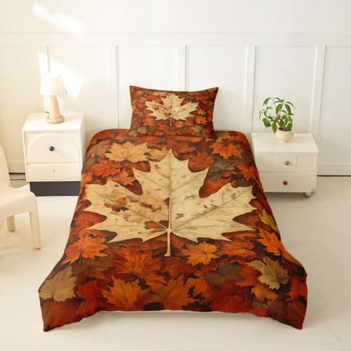 Erosebridal Maple Leaf Duvet Cover Toddler Size Autumn Fall Bedding Set for Kids Boys Girls Boho Vintage Comforter Cover Modern Abstract Bedclothes Room Decor