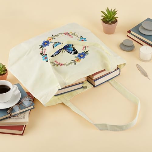 ERKOON Canvas Tote Bag Embroidery Kit for Beginners, Floral Arts Crafts Cross Stitch Kits for Adults Including Stamped Embroidery Bag with Hoops, Needle, Instruction and Color Threads (Butterfly)