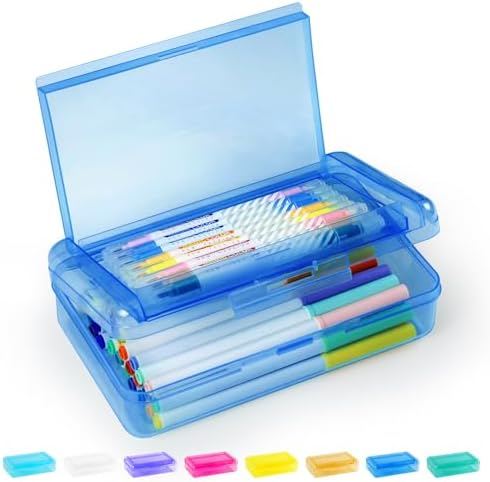 Sooez Double Layer Pencil Box, Large Hard Pencil Case Organizer, Clear Plastic Crayon Box for Girls and Boys, Colored Marker Organizer, Small Plastic Containers/Bins with Lids, Art Supply Storage