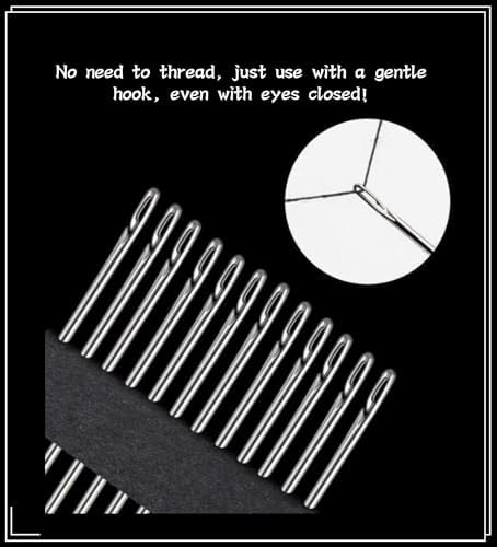 30 Pack Non Threading Sewing Needle Side Opening Sewing Needle with Wooden Needle Case+Square Storage Box+Black/White Threads Used for Sewing Clothes, Embroidery, etc(6 Mixed Sizes)