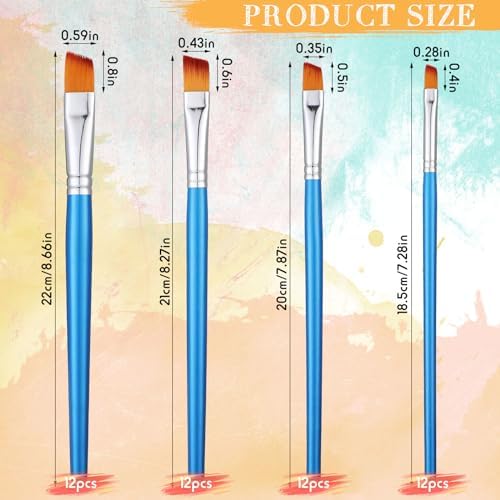 Sherr 48 Pcs Paint Brush Set Bulk Acrylic Brush Wood Paint for Detail Art Crafts Kids Artist Adult Watercolor Oil Face Body(0.28, 0.35, 0.43, 0.59 Inch,Angle Style)