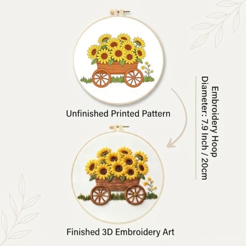 DJBVHSF Sunflower Embroidery Kit for Beginners Adults, 3D Raised Hand Needlepoint Starter Cross Stitch Kits with Hoop, Colorful Cotton Threads & Complete Tools for Home Decor Holiday DIY Gift