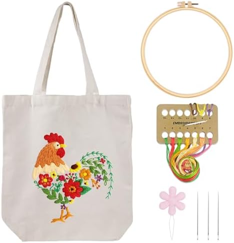 Louise Maelys Embroidery Kit Canvas Tote Bag for Beginners, Floral Rooster