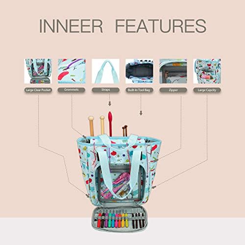 Yarn Knitting Storage Tote-Large Capacity Crochet Organizer Portable Travel Bag with Shoulder Strap Crochet Hooks Case for Unfinished Bulk Project