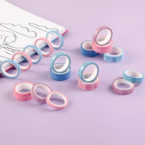 Washi Tape Set of 18 Rolls, Assorted Sizes, Decorative Tape for Journaling, Scrapbook, DIY Décor, Craft Supplies, Gift Wrapping, Metallic Foil, Celestial Pink and Blue