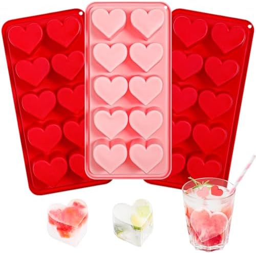 Webake Heart Ice Cube Molds, 10-Cavity Heart Shaped Silicone Molds for Chocolate, Ice Cubes, Candy, Soap, Pink Red Ice Cube Trays for Cocktails, Whiskey, Drinkings (Pack of 3)