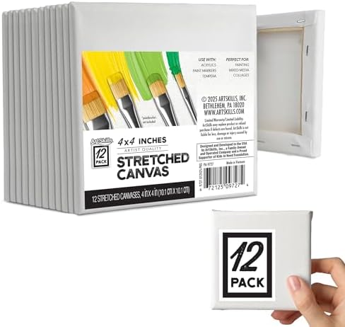 ArtSkills Stretched Canvas for Painting, 4x4 Mini Canvas, 12-Pack Framed | Blank Canvas, Premium Wood Frame, Painting Supplies for Artists