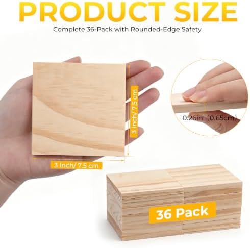 FSWCCK 36 Pcs 3x3 Wood Squares, Smooth Wooden Blanks for Laser Engraving