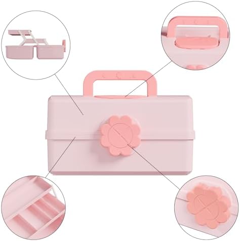 Covetree Hair Accessories Organizer with Handle sewing organizer，Lockable Three-Layer Multipurpose Art Supplies Storage Box and Storage Plastic Jewelry Box (pink)
