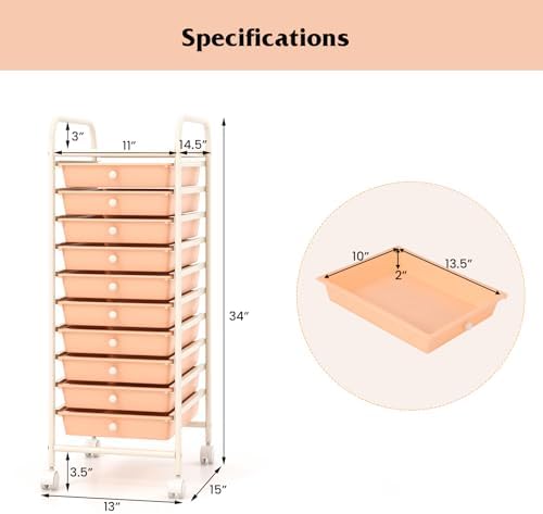 Storage Cart, Rolling Utility Cart with 10 Drawers, Portable Handles & Lockable Wheels, Mobile Paper Toys Storage Organizer Large Capacity for Home Office School Teacher (Peach)