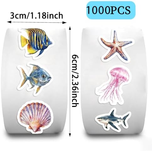 1000PCS Ocean Animal Sticker Roll, 2 Rolls 10 Designs Sea Life Stickers