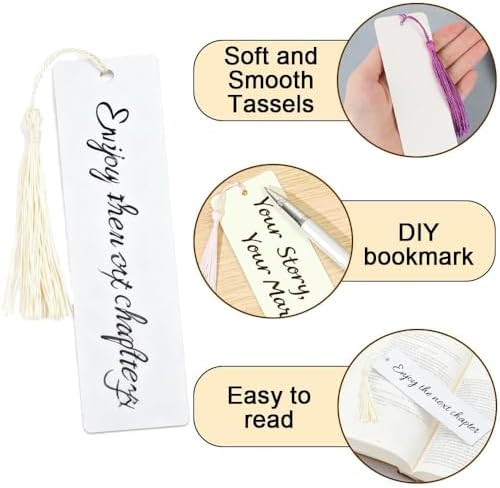 Blank Bookmarks with Colorful Tassels, 30pcs Cardstock Bookmark Blanks Kraft Paper Book Page Mark for DIY Crafts, Painting, School Projects, Gift Tag,6.5 * 2.2Inch