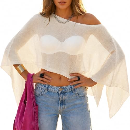 MAKABO Women's Crochet Sheer Poncho Top Lightweight Sparkly Shrug Pullover Knit Bolero Sweater Cover Up Beachwear