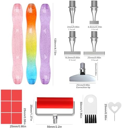 ZYNYXY 17PCS Ergonomic Diamond Art Pen Kits, with Multifunctional Metal Stainless Steel Screw Thin 1, 3, 6, 9, Tips, Correction Placers Roller Accessories(E-Purple+Pink+Color+ 5 PCS Tips)